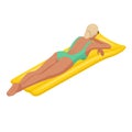 Isometric young woman on air mattress in the big swimming pool. Summer holiday idyllic. Enjoying suntan. Vacation