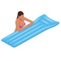 Isometric young woman on air mattress in the big swimming pool. Summer holiday idyllic. Enjoying suntan. Vacation