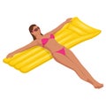 Isometric young woman on air mattress in the big swimming pool. Summer holiday idyllic. Enjoying suntan. Vacation