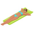 Isometric young woman on air mattress in the big swimming pool. Summer holiday idyllic. Enjoying suntan. Vacation