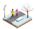 Isometric young woman and man runners running on a city park. Sportive people training in an urban area, healthy