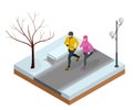 Isometric young woman and man runners running on a city park. Sportive people training in an urban area, healthy