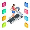 Isometric young woman in sportswear running on treadmill at gym. Fitness and Health icons. Running machine or track