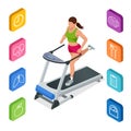 Isometric young woman in sportswear running on treadmill at gym. Fitness and Health icons. Running machine or track