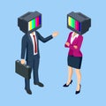 Isometric zombie man and woman with an old tv instead of head. Mass media addiction. Television manipulation, fake