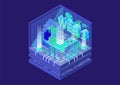 Web 3.0 isometric vector infographic. Dark design with glowing objects