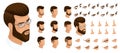 Isometrics create your emotions for a man with a hipster and a beard. Sets of 3D hairstyles, faces, eyes, lips, nose