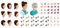 Isometrics create your emotions for a woman surgeon. Sets of 3D hairstyles, face, eyes, lips, nose, facial expression, lipstick