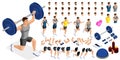 Isometrics create your sporty inflated man, a set of hairstyles, emotions, hands, feet. Without, gym, jumping