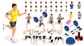 Isometrics create your sporty inflated man, a set of hairstyles, emotions, hands, feet. Without, gym, jumping