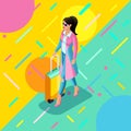 Isometrics A girl in a bright raincoat, with a lush hairdo, a suitcase, a trip, a trip, a bright trendy, stylish background