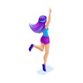 Isometrics girl jumping, having fun, happy with bright hair, concept of magical hair, creative fashion hairstyle, rear view