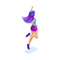 Isometrics girl jumping, having fun, happy with colorful hair, concept of magical hair, creative fashion hairstyle, rear view