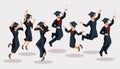 Isometrics graduates girls and boys, jump, academic robes, hats, rejoice, diplomas, graduates. Set of funny characters