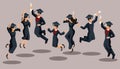 Isometrics graduates girls and boys, jump, academic robes, hats, rejoice, diplomas. Set of funny characters