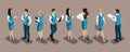 Isometrics set of bank employees in uniform, men and women, front view, rear view