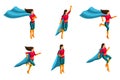 Isometrics A set of girls in a suit, runs, jumps, rushes to the rescue, 3D super, heroes, rescuers. Vector illustration