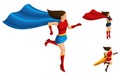 Isometrics A set of superhero girls in different suits, runs, a cloak and hair develops, a 3D woman, heroes, rescuers