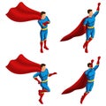Isometrics A set of superhero men in a suit, runs, jumps, rushes to the rescue, 3D super man, heroes, rescuers Vector illustration