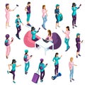 Isometrics set of vector characters in different poses, 3d teenagers, modern girls, do different action Royalty Free Stock Photo