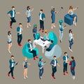 Isometrics set of vector characters in different poses, 3d teenagers, modern girls and guys in jeans clothes, doing Royalty Free Stock Photo