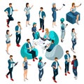 Isometrics set of vector characters in different poses, 3d teenagers, modern girls and guys in jeans clothes Royalty Free Stock Photo