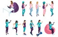 Isometrics set of vector people, 3d characters teenagers, girls, gamers. Front view rear view. Summer vector illustration