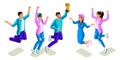 Isometrics teenagers jumping, bright design, generation Z, cool girls and boys, people, phones, gadgets on a white background