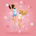Isometrics young girls are happy, jumping, having fun, hair developing in the wind teenager, generation Z, bright