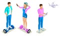 Isometrics young people, generation Z, teenagers using hoverboard. The gyroscope based dual wheel electric scooter, smart balance