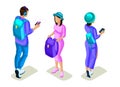 Isometrics young people, teenagers, stylish clothes and backpacks, generation Z, use of gadgets, phone, smartphone, social