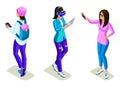 Isometrics young people, teenagers, stylish clothes and backpacks, generation Z, use of gadgets, phone, smartphone, virtual games