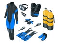 IsometricScuba gear and accessories. Equipment for diving. IDiver wetsuit, scuba mask, snorkel, fins, regulator dive icons. Royalty Free Stock Photo