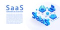 SaaS Software as a Service concept infographic. Isometric 3d vector illustration of SaaS text as wide web banner in modern layout