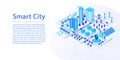 Smart city concept as 3d isometric vector illustration. Connected devices and buildings powered by renewable energy as wide web ba