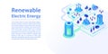 Renewable electric energy concept as a wide web banner. 3d isometric vector illustration. Electric battery powered by solar energy