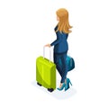 Isometry of a beautiful woman on a business trip, comes with her luggage, rear view. Stylish business suit Traveling business lady