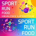 Isometry bright colorful banners on the theme of sport, healthy eating, healthy lifestyle. Running, sport, body