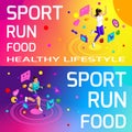 Isometry bright colorful banners on the theme of sport, healthy eating,