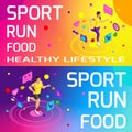 Isometry bright colorful banners on the theme of sport, healthy eating, healthy lifestyle. Running, sport