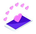 Isometry is a bright love concept with hearts on a smartphone. Beautiful vector illustration