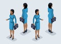 Isometry is a business woman. an African American office worker, business trousers and a blouse front view and rear view in motion
