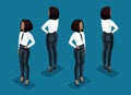 Isometry is a business woman. an African American office worker, business trousers and a blouse front view and rear view in motion