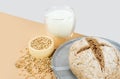 Isometry diagonal projection creative beige background with green buckwheat bread nd organic buckwheat milk. Harmless, wellness,