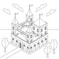 Isometry of a fairytale medieval castle against a summer landscape. Coloring book. Antistress. Vector Illustration