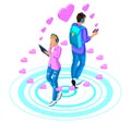 Isometry girl and boyfriend are in love with the social network through modern gadgets. Love bright concept
