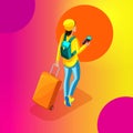 Isometry girl bright clothes, fashionable style, girl hipster, generation Z, bright colorful background, smartphone, backpack, cap