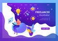 Isometry girl designer works, draws, dreams, creates design. Freelancer illustrator. Website Template Landing page