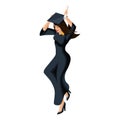 Isometry girl graduate, jumping rejoices, academic attire, diploma, mantle, academic cap, graduation ceremony at the university