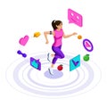 Isometry girl, icons of a healthy lifestyle, the girl is engaged in fitness, jogging, jumping. Advertising concept